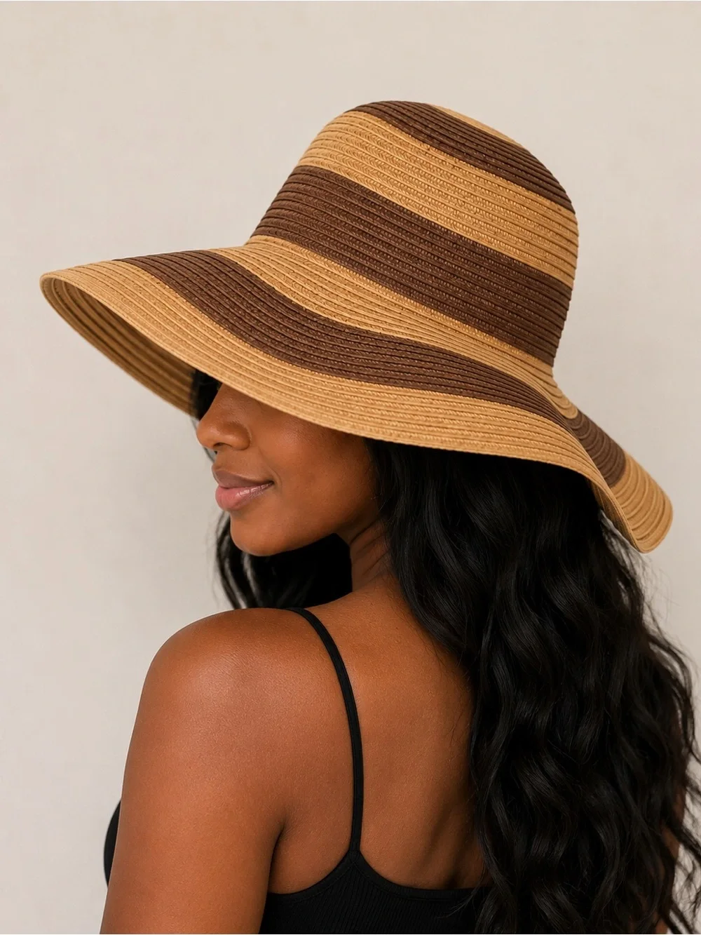 Tan Brown Striped Straw Sun Hat Wide Brim Beach Vacation One Size